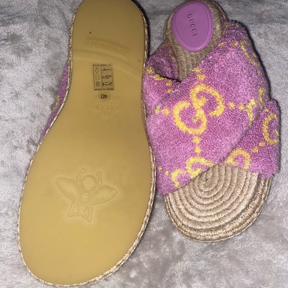 Gucci Pink & Yellow Terry Crossband Espadrille Slides - Picture 2 of 4
